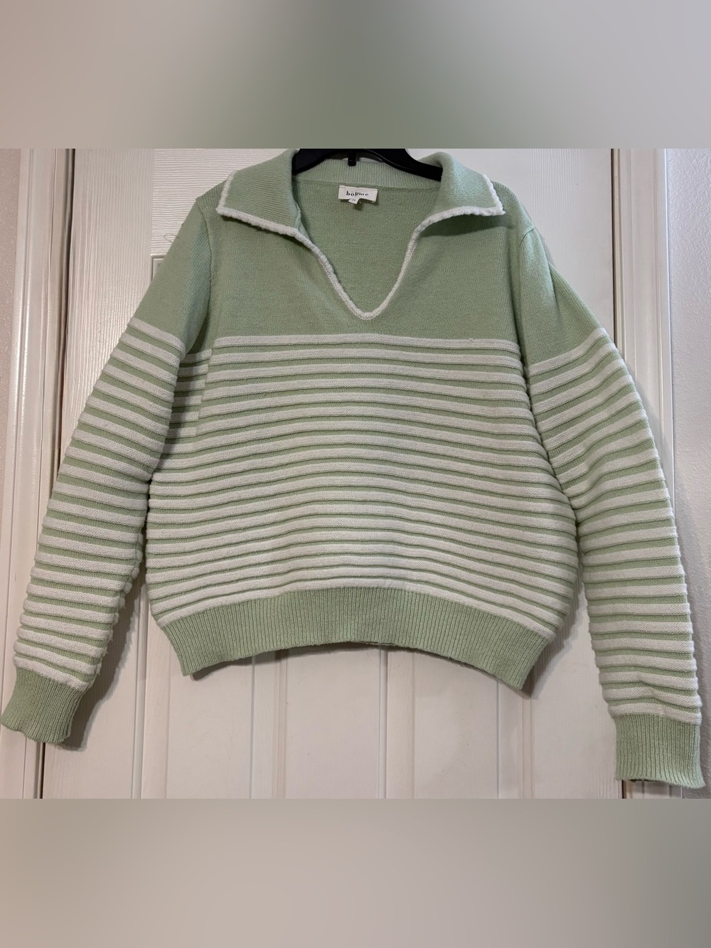 bohme Mint and White Striped V-Neck Crop knit Pullover